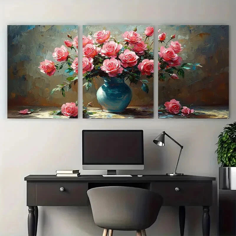 3pcs Bouquet of Pink Roses Flowers in a Vase Metal Print Ready to Hang Art - Bella Home Decor
