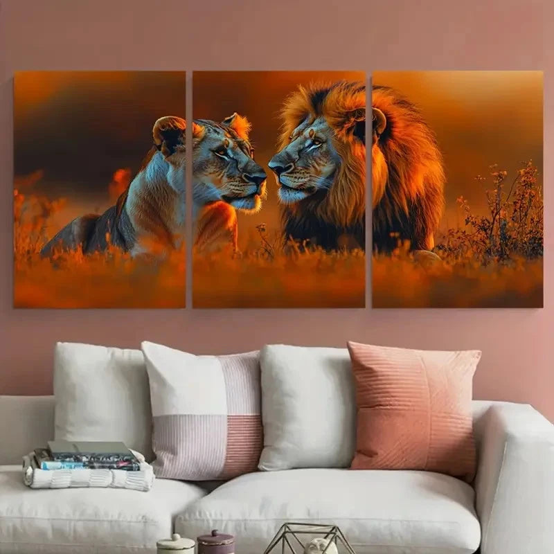 3pcs A Pair of Joyful Lions in Love Illustration Metal Print Ready to Hang Art - Bella Home Decor