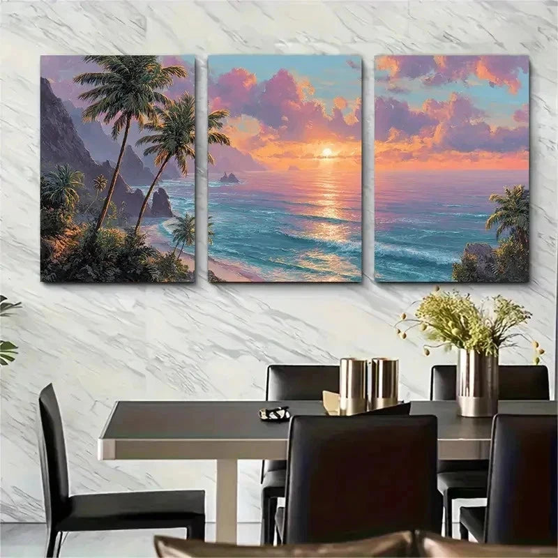 3pcs Palm Trees & Mountains Relaxing Perfect Wall Art Set Canvas Framed 50x70cm - High Quality Print 100% Australian Made Wall Canvas Ready to Hang