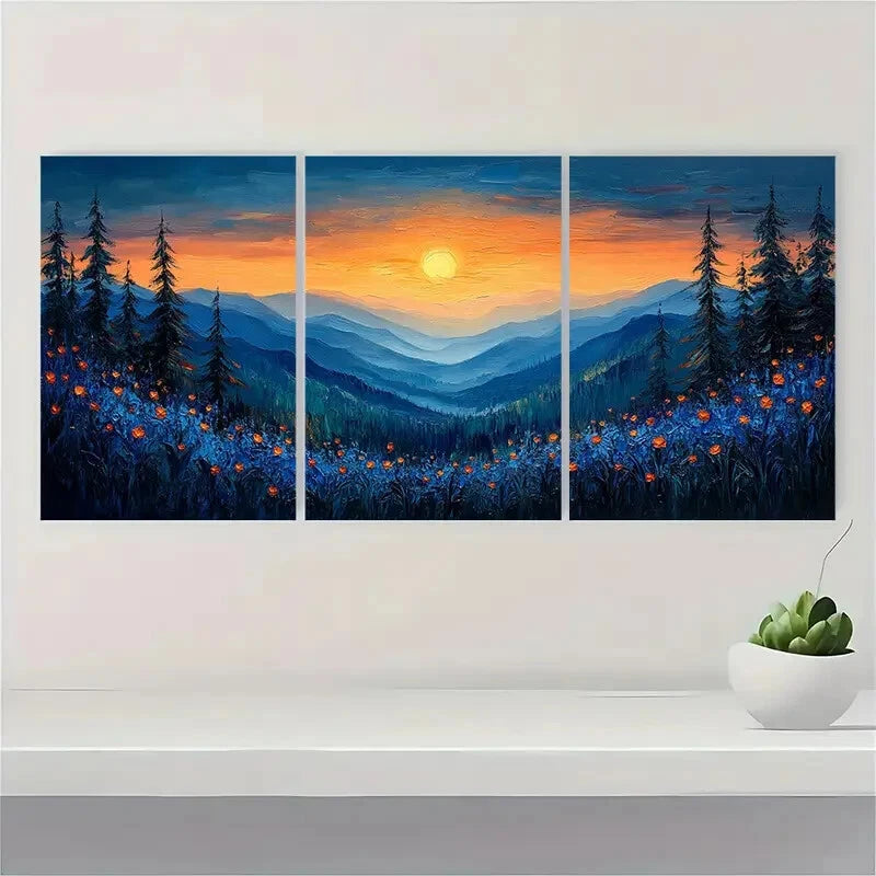 3pcs Oil Painting Texture Blue Landscape Metal Print Ready to Hang Art - Bella Home Decor