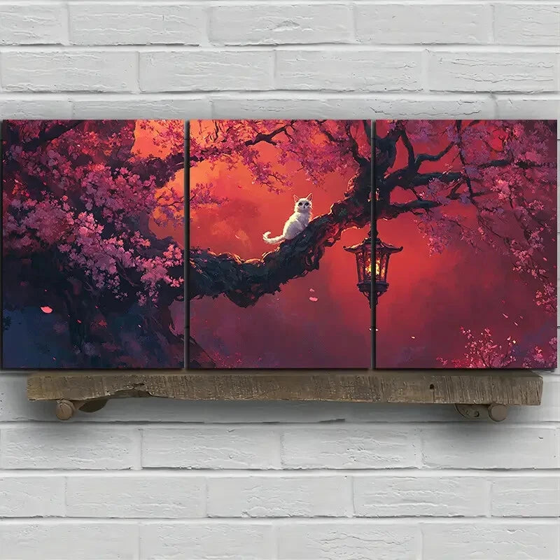 3pcs The Cat On The Cherry Blossom Tree Metal Print Ready to Hang Art - Bella Home Decor