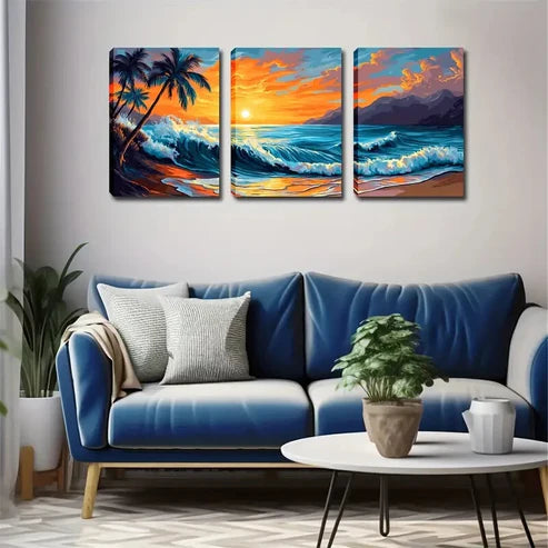 3pcs Coastal Landscape with Palm Trees & Ocean, Wall Art Set Wall Art Canvas Unframed - High Quality Print 100% Australian Made Wall Canvas - Bella Home Decor