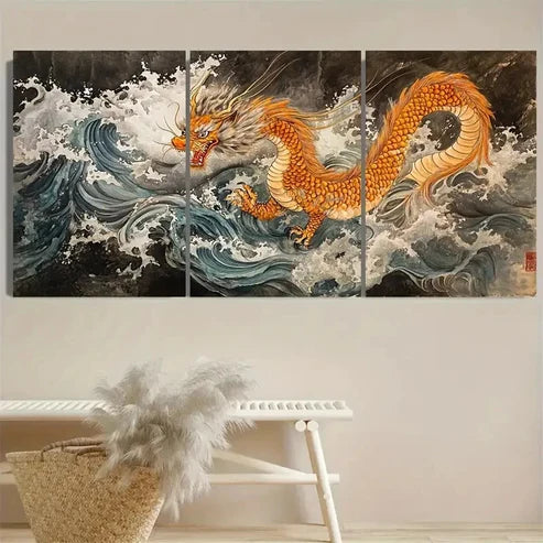 3pcs Vintage Tiger Dragon Wall Art Set Canvas Unframed - High Quality Print 100% Australian Made Wall Canvas - Bella Home Decor