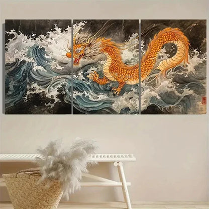 3pcs Vintage Tiger Dragon Wall Art Set Canvas Unframed - High Quality Print 100% Australian Made Wall Canvas - Bella Home Decor