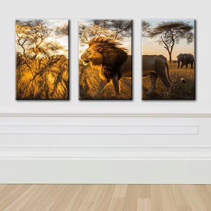 3pcs Majestic Lion Illustration Wall Art Set Canvas Framed 60x90cm - High Quality Print 100% Australian Made Wall Canvas Ready to Hang