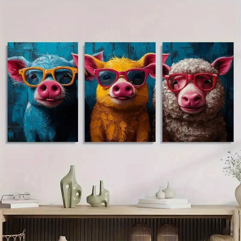 3pcs Animal Vibrant Pig Cow Sheep with Glasses Metal Print Ready to Hang Art - Bella Home Decor