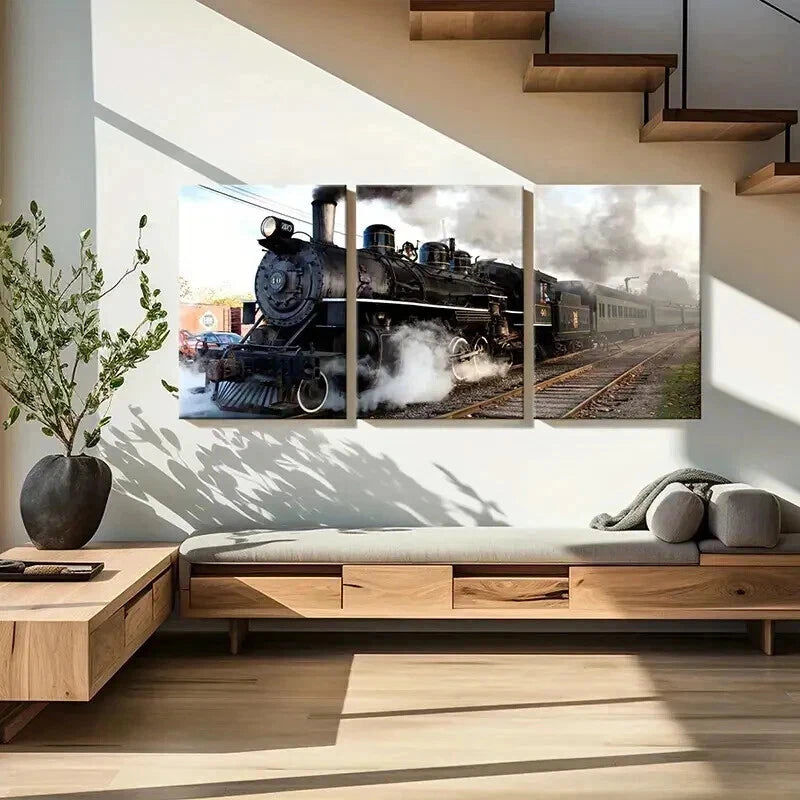 3pcs Retro Vintage Steam Train Vehicle Wall Art Set Canvas Framed 60x90cm - High Quality Print 100% Australian Made Wall Canvas Ready to Hang - Bella Home Decor