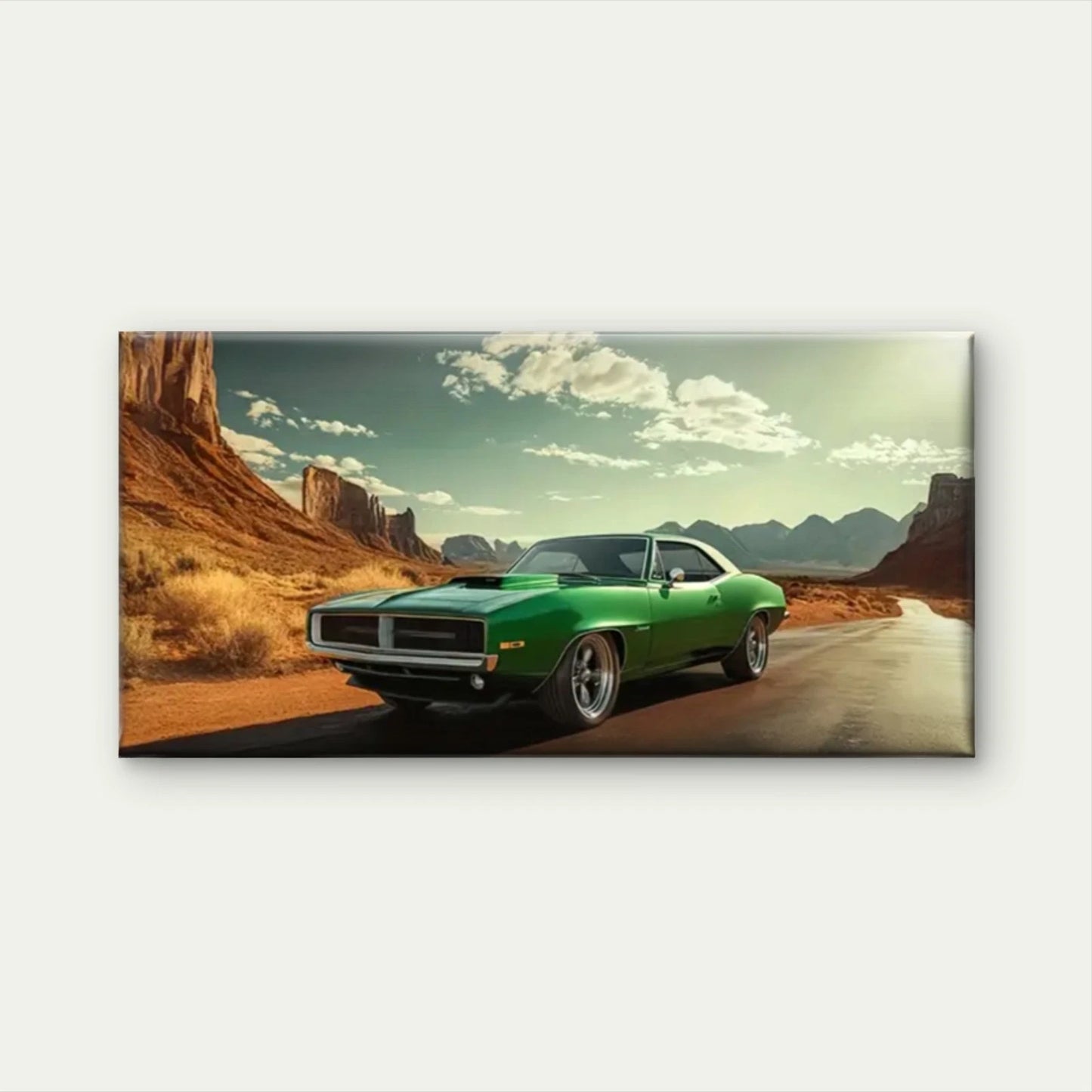 Green Car Drove Desert Road Wall Art Canvas Office Home Room Framed 120x60cm