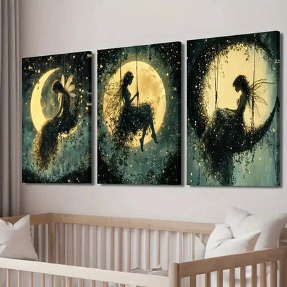 3pcs Night Time with Glowing Moon & Stars Wall Art Canvas Unframed - High Quality Print 100% Australian Made Wall Canvas