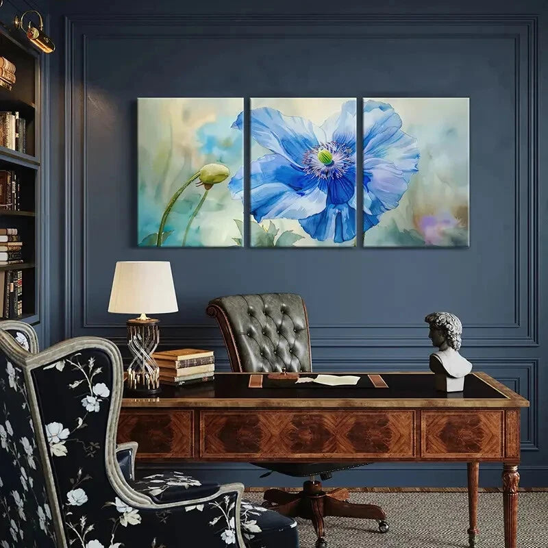 3pcs Blue Flower Art Watercolor Style Painting Metal Print Ready to Hang Art - Bella Home Decor