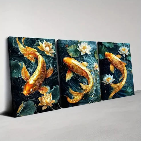 3pcs Elegant Pond Koi Swimming Floral Lotus Canvas Unframed - High Quality Print 100% Australian Made Wall Canvas