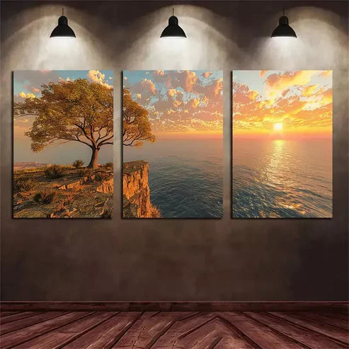 3pcs Sun Setting Over An Ocean with Trees Art Set Canvas Unframed - High Quality Print 100% Australian Made Wall Canvas