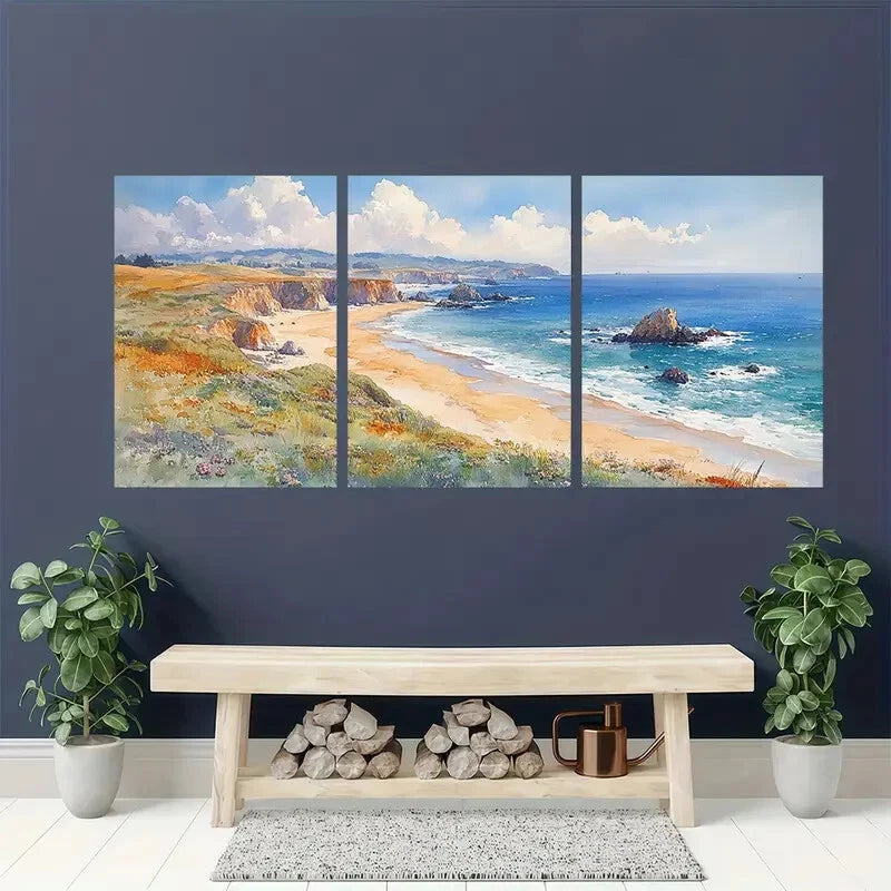 3pcs Sonoma Watercolor Coastline with Cliffs Metal Print Ready to Hang Art - Bella Home Decor