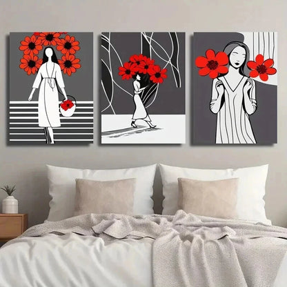 3pcs Abstract Black & Red Flower Girl Perfect Wall Art Set Canvas Framed 60x90cm - High Quality Print 100% Australian Made Wall Canvas Ready to Hang - Bella Home Decor