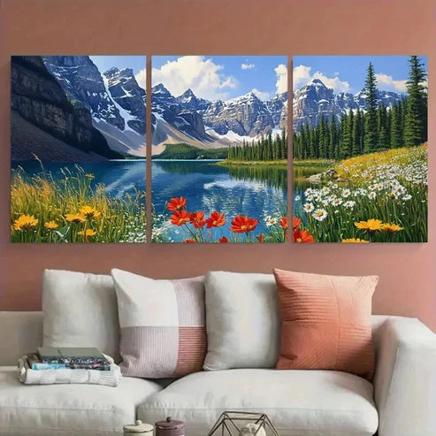 3pcs Moraine Lake Banff National Park Wildflower Wall Art Set Canvas Unframed - High Quality Print 100% Australian Made Wall Canvas