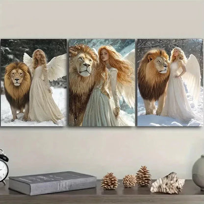 3pcs The girl and the lion in the snow Wall Art Set Canvas Unframed - High Quality Print 100% Australian Made Wall Canvas
