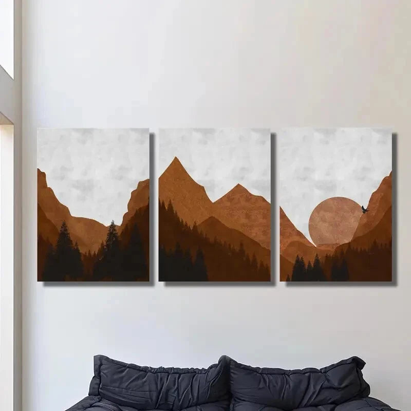3pcs mountain forest and sun, minimalist Metal Print Ready to Hang Art