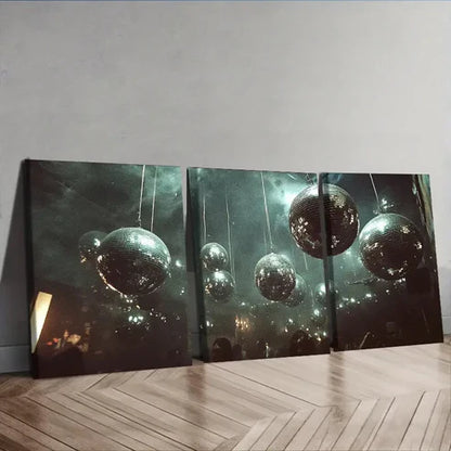 3pcs Silver disco balls hang from the ceiling Wall Art Set Canvas Unframed - High Quality Print 100% Australian Made Wall Canvas