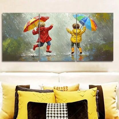 3pcs Happy Children Dancing In The Rain Art  Wall Art Set Canvas Framed 60x90cm - High Quality Print 100% Australian Made Wall Canvas Ready to Hang - Bella Home Decor