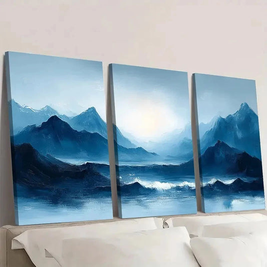 3pcs Blue Gray Pastel Abstract Mountain & Sea Wall Art Set Canvas Framed 40x60cm - High Quality Print 100% Australian Made Wall Canvas Ready to Hang