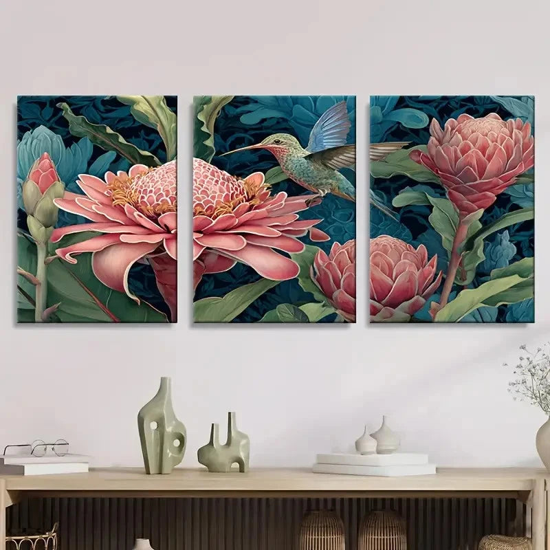 3pcs Tropical Torch Ginger & Hummingbird Wall Art Set Canvas Framed 40x60cm - High Quality Print 100% Australian Made Wall Canvas Ready to Hang
