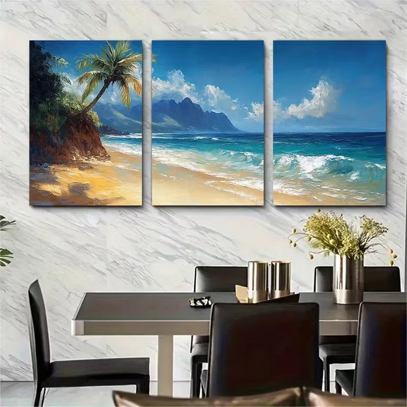 3pcs Hawaii Beach Oil Painting Metal Print Ready to Hang Art