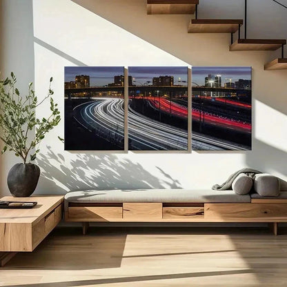 3pcs City Road Night Scene Traffic Flow Wall Art Set Canvas Framed 40x60cm - High Quality Print 100% Australian Made Wall Canvas Ready to Hang - Bella Home Decor
