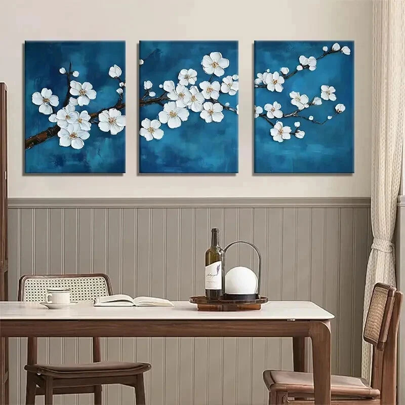 3pcs White Cherry Blossom Elegant Floral Perfect Wall Art Set Canvas Framed 50x70cm - High Quality Print 100% Australian Made Wall Canvas Ready to Hang