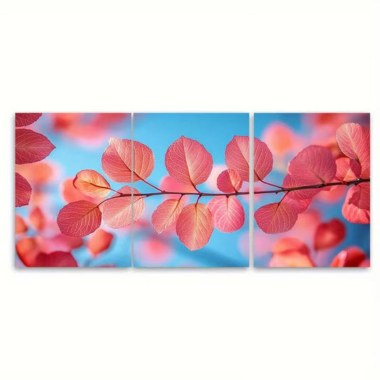 3pcs Pink Leaves Against Bright Blue Sky Metal Print Ready to Hang Art
