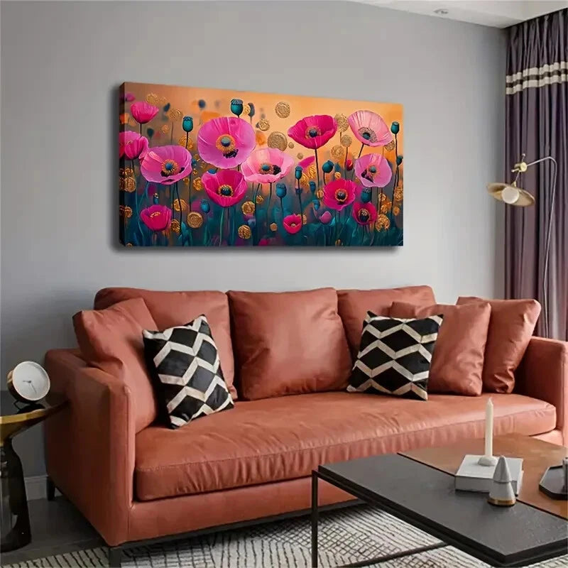 Upward Growing Poppy Field Wall Art Canvas Office Home Room Framed 120x60cm