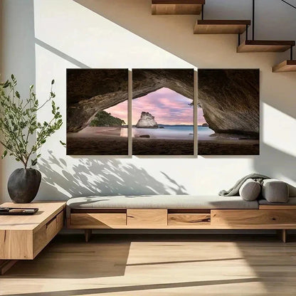 3pcs Seaside Cave Sea Sunset Modern Wall Art Set Canvas Framed 50x70cm - High Quality Print 100% Australian Made Wall Canvas Ready to Hang - Bella Home Decor