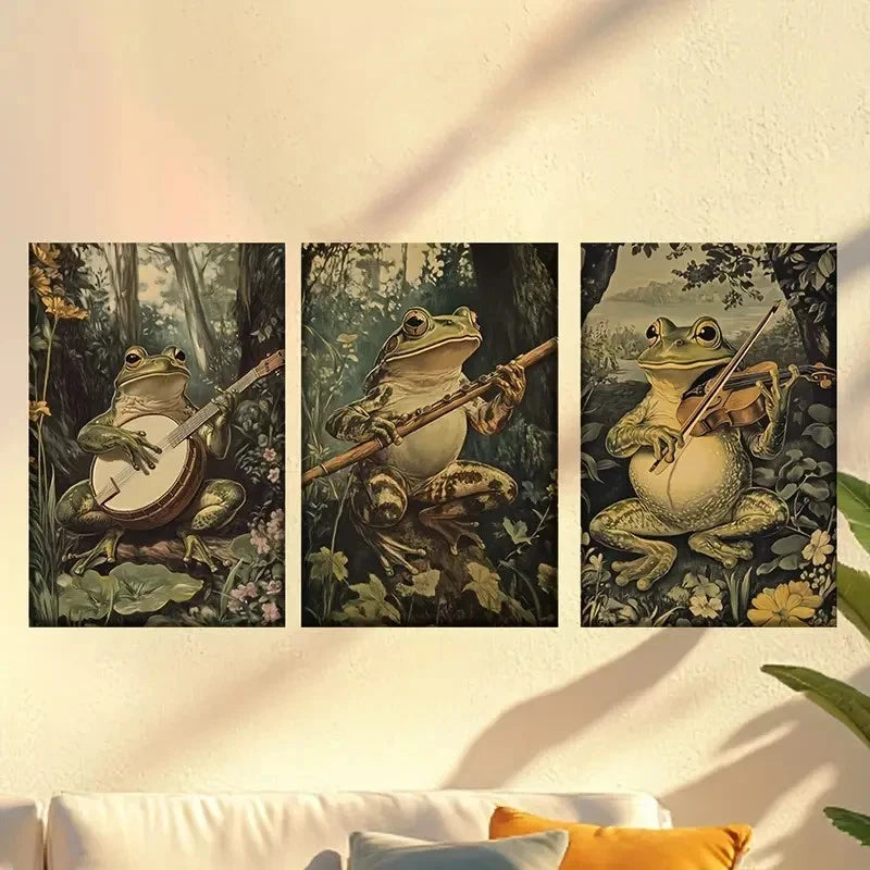 3pcs Frogs Playing Musical Instruments in Forest Wall Art Set Canvas Framed 50x70cm - High Quality Print 100% Australian Made Wall Canvas Ready to Hang - Bella Home Decor