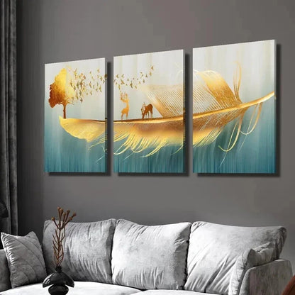 3pcs Feathers Reindeer Birds Money Tree Wall Art Set Canvas Framed 50x70cm - High Quality Print 100% Australian Made Wall Canvas Ready to Hang
