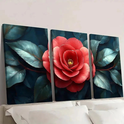 3pcs Red Camellia Flower with Green GL   Wall Art Set Canvas Framed 40x60cm - High Quality Print 100% Australian Made Wall Canvas Ready to Hang