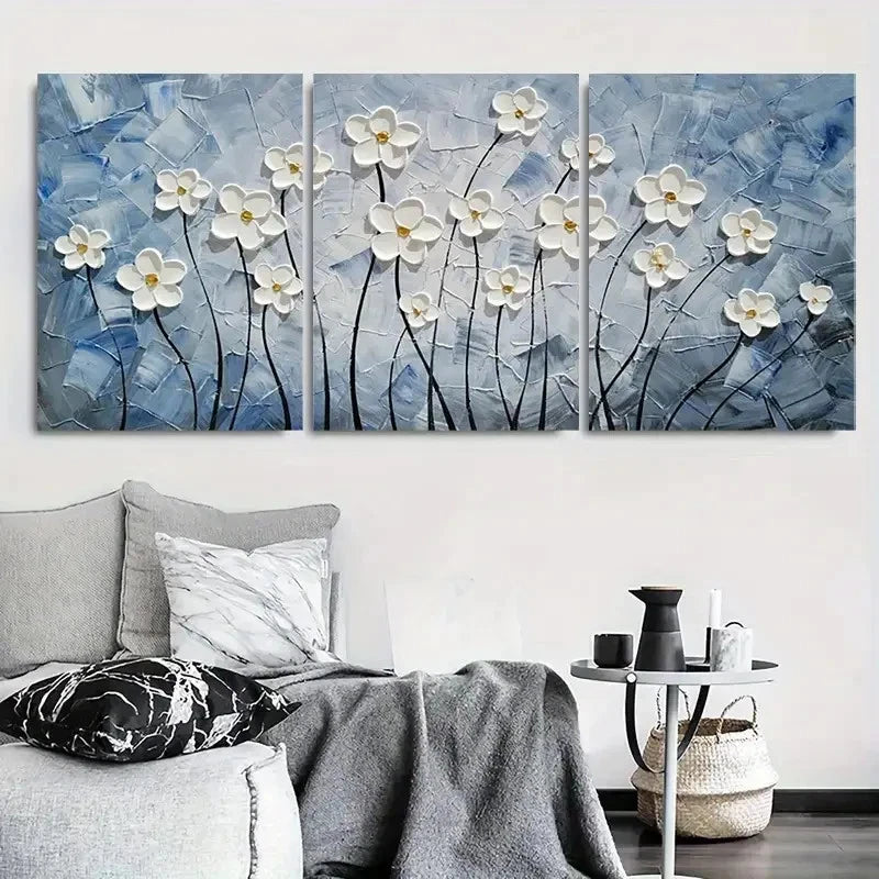 3pcs Textured White Flower Blue Background Metal Print Ready to Hang Art