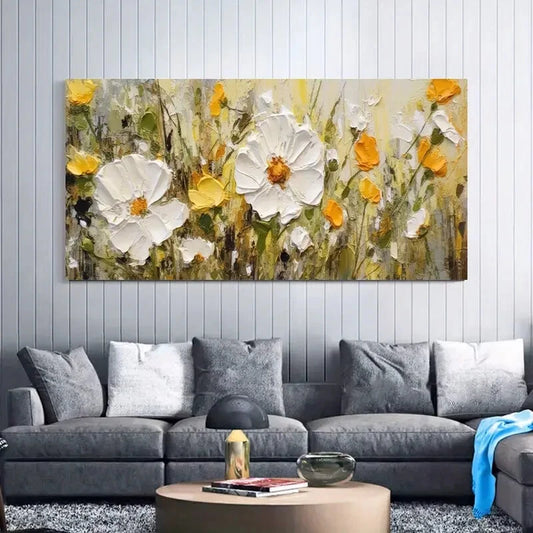 White and Yellow Flowers wall canvas office home room framed 120x60cm - Bella Home Decor