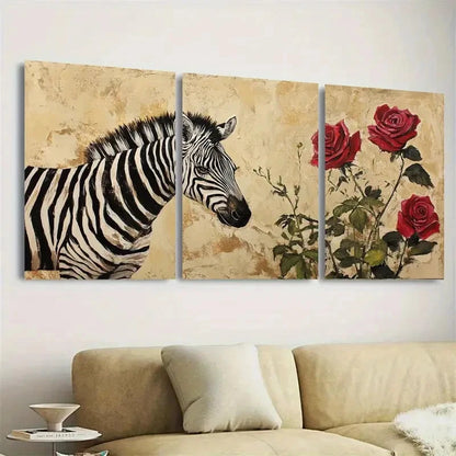 3pcs Zebra and Roses Wall Art Set Canvas Framed 50x70cm - High Quality Print 100% Australian Made Wall Canvas Ready to Hang