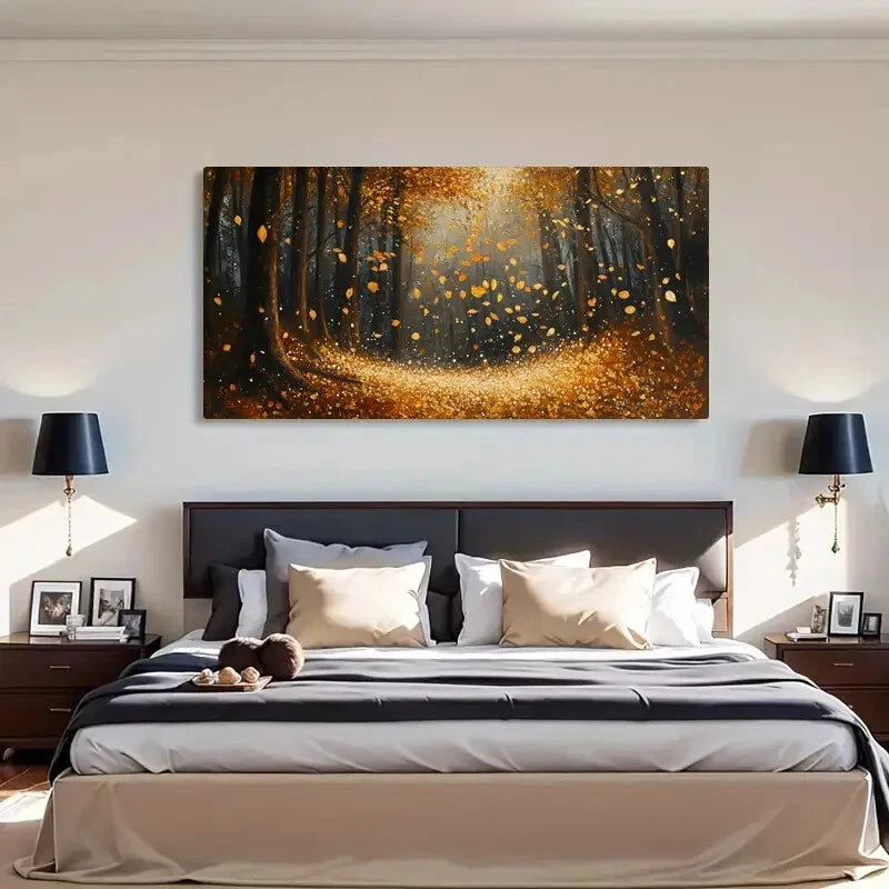 Golden Leaves Autumn Forest Wall Art Canvas Office Home Room Framed 120x60cm - Bella Home Decor