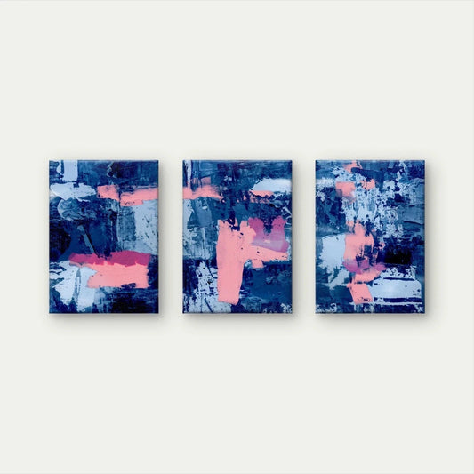 3pcs Navy Blue and Pink Abstract Expressionism Wall Art Set Canvas Framed 40x60cm - High Quality Print 100% Australian Made Wall Canvas Ready to Hang