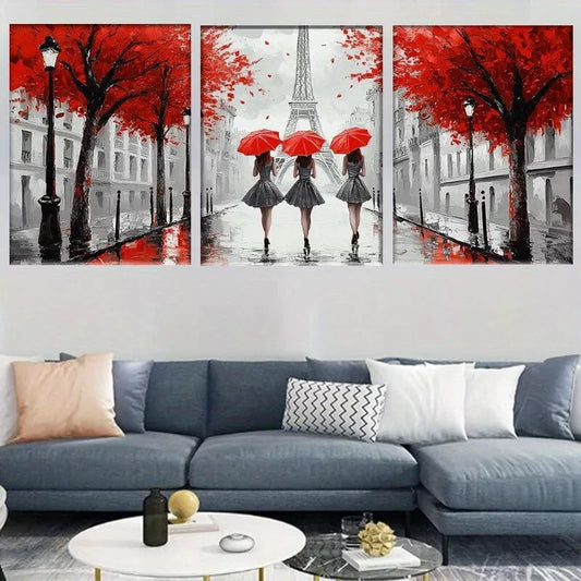 3pcs Paris Elegant Women with Red Umbrellas Wall Art Set Canvas Framed 50x70cm - High Quality Print 100% Australian Made Wall Canvas Ready to Hang