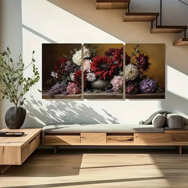3pcs Dahlias Peonies And Lilacs in a Vase Metal Print Ready to Hang Art - Bella Home Decor