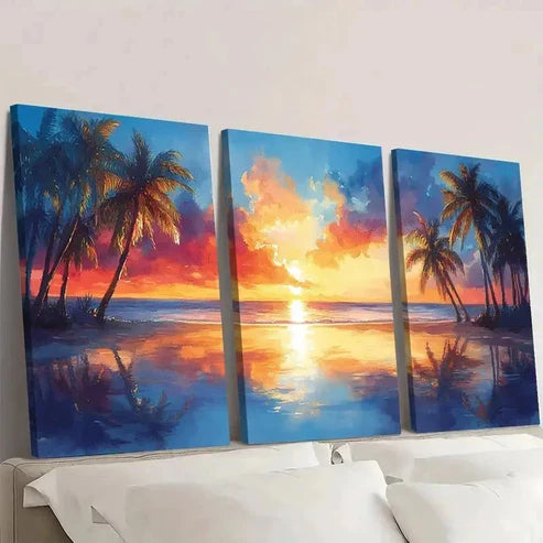 3pcs Palm Trees Watercolor Painting EW Wall Art Set Canvas Unframed - High Quality Print 100% Australian Made Wall Canvas - Bella Home Decor