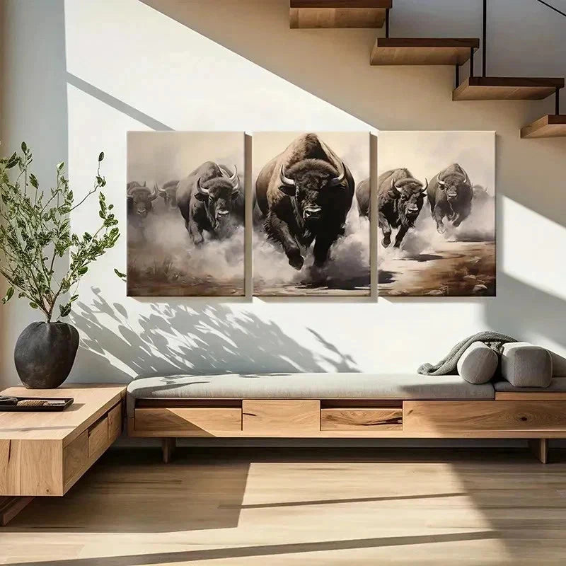 3pcs Running Bison Group Animal Painting Wall Art Set Canvas Framed 50x70cm - High Quality Print 100% Australian Made Wall Canvas Ready to Hang