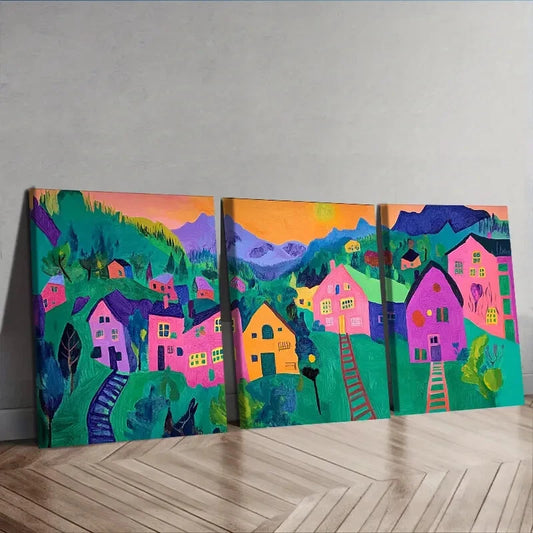 3pcs Colorful Mountain & House Scenes Wall Art Set Canvas Framed 40x60cm - High Quality Print 100% Australian Made Wall Canvas Ready to Hang