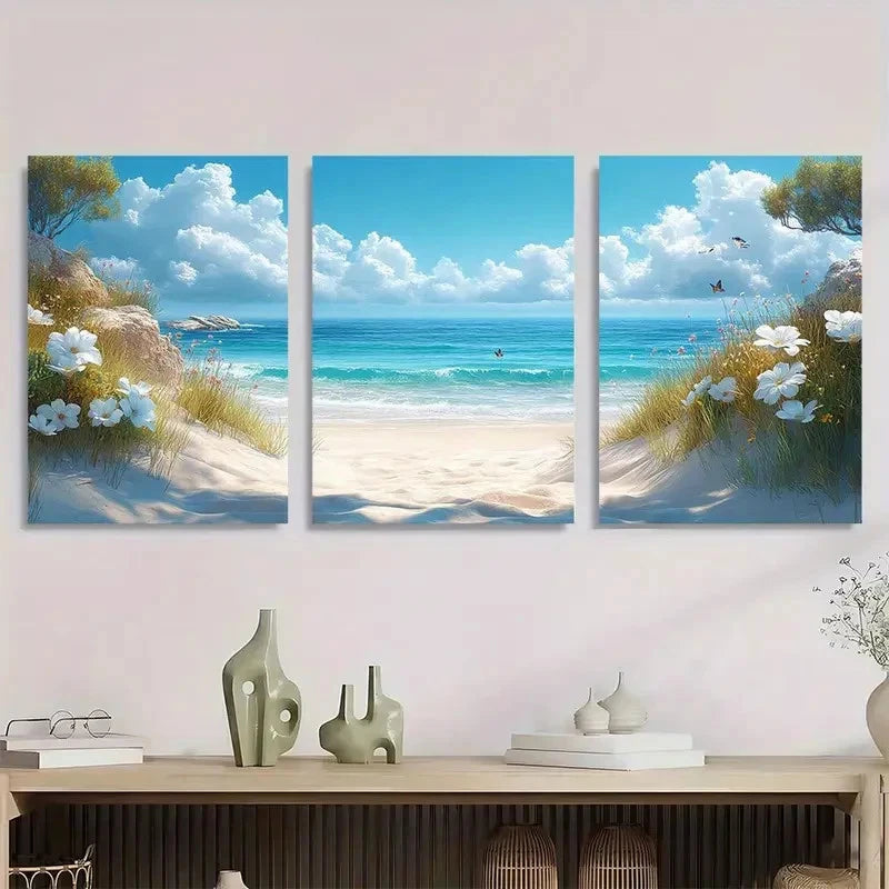 3pcs Vibrant Coastal Scene with White Flowers Metal Print Ready to Hang Art - Bella Home Decor