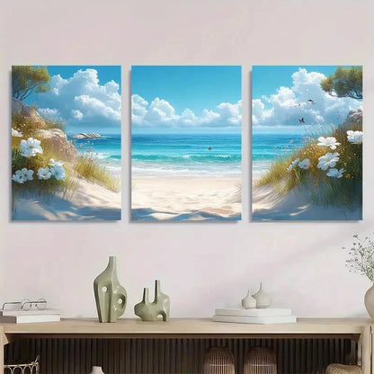 3pcs Vibrant Coastal Scene with White Flowers Metal Print Ready to Hang Art - Bella Home Decor
