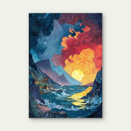 Manga-Inspired Vibrant Fire & Sunset Ocean Scene 60x90cm Metal Print Ready to Hang