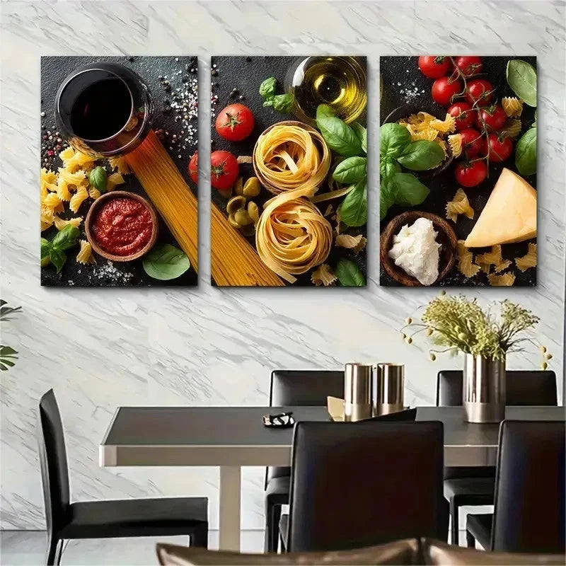 3pcs Wine Cheese Gallery Pasta Club Perfect Wall Art Set Canvas Framed 50x70cm - High Quality Print 100% Australian Made Wall Canvas Ready to Hang