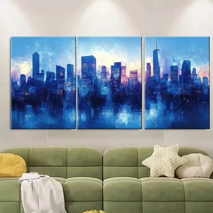3pcs Blue Geometric Cityscape Metal Print Ready to Hang Art - Bella Home Decor