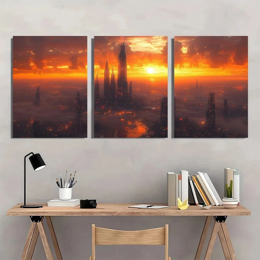 3pcs Dystopian Metropolis Sunset Metal Print Ready to Hang Art - Bella Home Decor